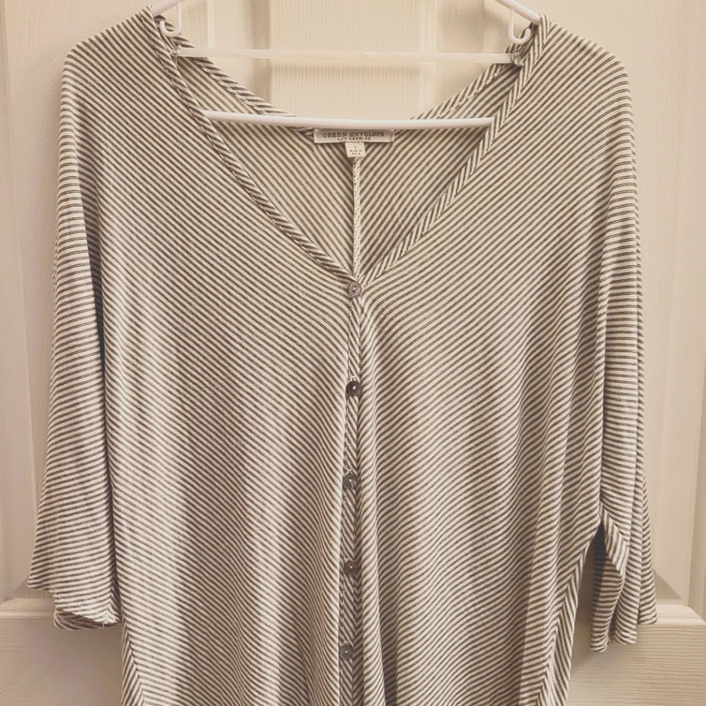 Large gray striped, button down  Green Envelope summer shirt